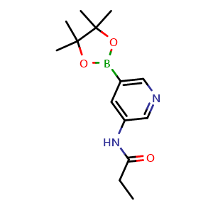 Chemical structure of N-[5-(4,4,5,5-tetramethyl-[1,3,2]dioxaborolan-2-yl)pyridin-3-yl]propionamide , CAS 1171891-19-2, AChemBlock AD290433