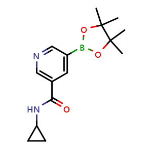 Chemical structure of N-cyclopropyl-5-(4,4,5,5-tetramethyl-1,3,2-dioxaborolan-2-yl)nicotinamide , CAS 1201644-52-1, AChemBlock AD290435