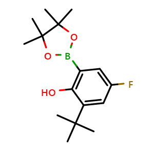 Chemical structure of 2-(tert-Butyl)-4-fluoro-6-(4,4,5,5-tetramethyl-1,3,2-dioxaborolan-2-yl)phenol , CAS 2760319-17-1, AChemBlock AD290442