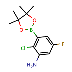 Chemical structure of 2-chloro-5-fluoro-3-(4,4,5,5-tetramethyl-1,3,2-dioxaborolan-2-yl)aniline , CAS 1244039-65-3, AChemBlock AD290445