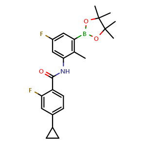 Chemical structure of 4-Cyclopropyl-2-fluoro-N-(5-fluoro-2-methyl-3-(4,4,5,5-tetramethyl-1,3,2-dioxaborolan-2-yl)phenyl)benzamide , CAS 1787294-47-6, AChemBlock AD290447