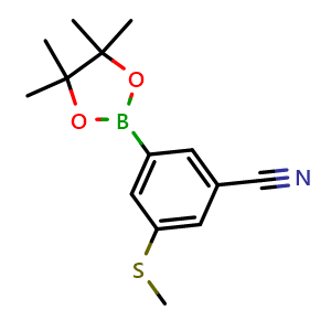 Chemical structure of 3-(Methylthio)-5-(4,4,5,5-tetramethyl-1,3,2-dioxaborolan-2-yl)benzonitrile , CAS 2060541-35-5, AChemBlock AD290448
