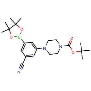 Chemical structure of tert-butyl 4-(3-cyano-5-(4,4,5,5-tetramethyl-1,3,2-dioxaborolan-2-yl)phenyl)piperazine-1-carboxylate , CAS 1129541-91-8, AChemBlock AD290450