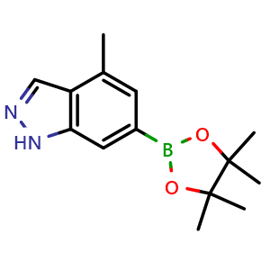 Chemical structure of 4-Methyl-6-(tetramethyl-1,3,2-dioxaborolan-2-yl)-1H-indazole , CAS 2379560-82-2, AChemBlock AD290456