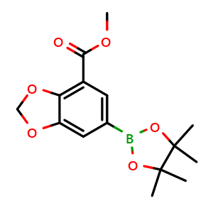 Chemical structure of Methyl 6-(4,4,5,5-tetramethyl-1,3,2-dioxaborolan-2-yl)benzo[d][1,3]dioxole-4-carboxylate , CAS 2416731-94-5, AChemBlock AD290458