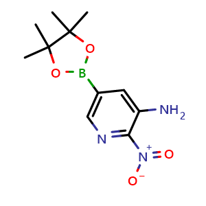 Chemical structure of 2-Nitro-5-(4,4,5,5-tetramethyl-1,3,2-dioxaborolan-2-yl)pyridin-3-amine , CAS 3073645-31-2, AChemBlock AD290464