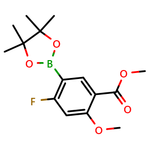Chemical structure of Methyl 4-fluoro-2-methoxy-5-(4,4,5,5-tetramethyl-1,3,2-dioxaborolan-2-yl)benzoate , CAS 3032479-15-2, AChemBlock AD290466