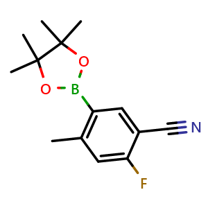 Chemical structure of 2-Fluoro-4-methyl-5-(4,4,5,5-tetramethyl-1,3,2-dioxaborolan-2-yl)benzonitrile , CAS 3028866-48-7, AChemBlock AD290467