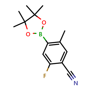Chemical structure of 2-Fluoro-5-methyl-4-(4,4,5,5-tetramethyl-1,3,2-dioxaborolan-2-yl)benzonitrile , CAS 1630082-51-7, AChemBlock AD290468