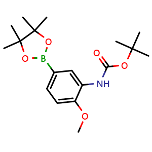 Chemical structure of Tert-butyl (2-methoxy-5-(4,4,5,5-tetramethyl-1,3,2-dioxaborolan-2-yl)phenyl)carbamate , CAS 262433-23-8, AChemBlock AD290472