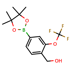 Chemical structure of (4-(4,4,5,5-Tetramethyl-1,3,2-dioxaborolan-2-yl)-2-(trifluoromethoxy)phenyl)methanol , CAS 2370026-78-9, AChemBlock AD290479