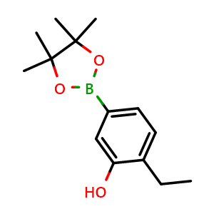 Chemical structure of 2-Ethyl-5-(4,4,5,5-tetramethyl-1,3,2-dioxaborolan-2-yl)phenol , CAS 3007733-87-8, AChemBlock AD290483
