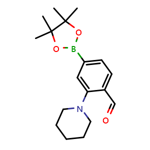 Chemical structure of 2-(Piperidin-1-yl)-4-(4,4,5,5-tetramethyl-1,3,2-dioxaborolan-2-yl)benzaldehyde , CAS 643094-23-9, AChemBlock AD290485