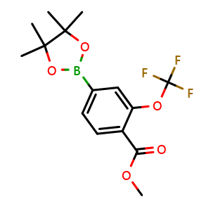Chemical structure of Methyl 4-(4,4,5,5-tetramethyl-1,3,2-dioxaborolan-2-yl)-2-(trifluoromethoxy)benzoate , CAS 1242145-44-3, AChemBlock AD290487