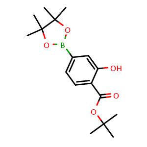 Chemical structure of Tert-butyl 2-hydroxy-4-(4,4,5,5-tetramethyl-1,3,2-dioxaborolan-2-yl)benzoate , CAS 2089042-32-8, AChemBlock AD290488