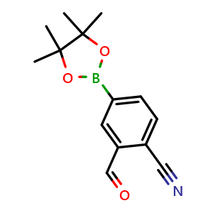 Chemical structure of 2-Formyl-4-(4,4,5,5-tetramethyl-1,3,2-dioxaborolan-2-yl)benzonitrile , CAS 1416059-51-2, AChemBlock AD290491