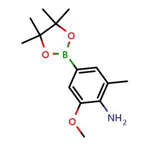Chemical structure of 2-Methoxy-6-methyl-4-(4,4,5,5-tetramethyl-1,3,2-dioxaborolan-2-yl)aniline , CAS 2633034-61-2, AChemBlock AD290494