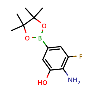 Chemical structure of 2-Amino-3-fluoro-5-(4,4,5,5-tetramethyl-1,3,2-dioxaborolan-2-yl)phenol , CAS 2761862-77-3, AChemBlock AD290495
