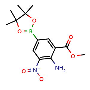 Chemical structure of Methyl 2-amino-3-nitro-5-(4,4,5,5-tetramethyl-1,3,2-dioxaborolan-2-yl)benzoate , CAS 636581-72-1, AChemBlock AD290498