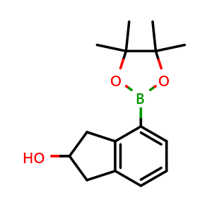 Chemical structure of 4-(4,4,5,5-Tetramethyl-1,3,2-dioxaborolan-2-yl)-2,3-dihydro-1H-inden-2-ol , CAS 2640092-12-0, AChemBlock AD290499