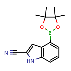 Chemical structure of 4-(4,4,5,5-Tetramethyl-1,3,2-dioxaborolan-2-yl)-1H-indole-2-carbonitrile , CAS 955978-89-9, AChemBlock AD290505
