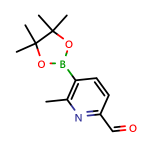 Chemical structure of 6-Methyl-5-(4,4,5,5-tetramethyl-1,3,2-dioxaborolan-2-yl)picolinaldehyde , CAS 1357392-81-4, AChemBlock AD290513