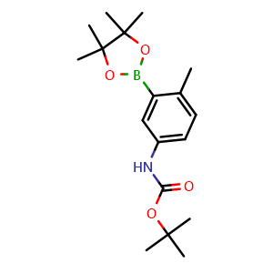 Chemical structure of Tert-butyl (4-methyl-3-(4,4,5,5-tetramethyl-1,3,2-dioxaborolan-2-yl)phenyl)carbamate , CAS 1132825-58-1, AChemBlock AD290524