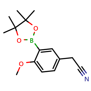 Chemical structure of 2-(4-methoxy-3-(4,4,5,5-tetramethyl-1,3,2-dioxaborolan-2-yl)phenyl)acetonitrile , CAS 1448871-64-4, AChemBlock AD290527