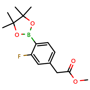 Chemical structure of Methyl 2-(3-fluoro-4-(4,4,5,5-tetramethyl-1,3,2-dioxaborolan-2-yl)phenyl)acetate , CAS 1259022-70-2, AChemBlock AD290536