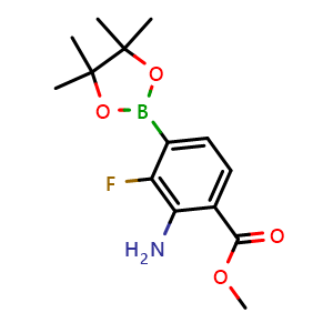 Chemical structure of methyl 2-amino-3-fluoro-4-(4,4,5,5-tetramethyl-1,3,2-dioxaborolan-2-yl)benzoate , CAS 2667057-27-2, AChemBlock AD290548