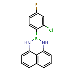 Chemical structure of 2-(2-Chloro-4-fluorophenyl)-2,3-dihydro-1H-naphtho[1,8-de][1,3,2]diazaborinine , CAS 1638624-81-3, AChemBlock AD290620
