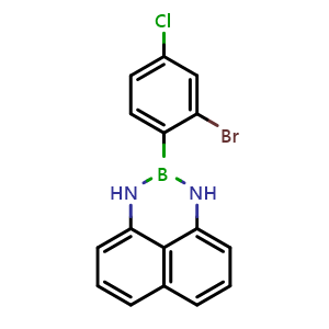 Chemical structure of 2-(2-Bromo-4-chlorophenyl)-2,3-dihydro-1H-naphtho[1,8-de][1,3,2]diazaborinine , CAS 2639316-68-8, AChemBlock AD290621