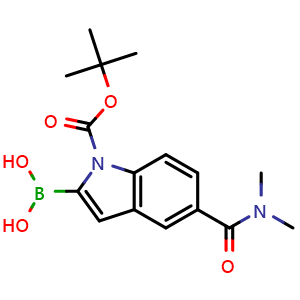 Chemical structure of (1-(tert-Butoxycarbonyl)-5-(dimethylcarbamoyl)-1H-indol-2-yl)boronic acid , CAS 2378638-01-6, AChemBlock AD290641