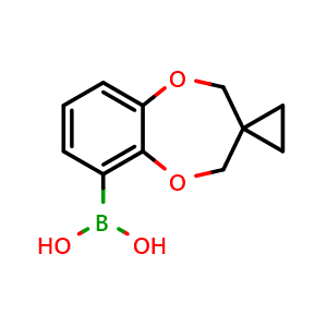Chemical structure of 2,4-Dihydrospiro[1,5-benzodioxepine-3,1'-cyclopropane]-6-boronic acid , CAS 2096335-53-2, AChemBlock AD290659
