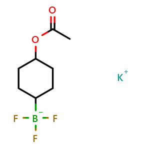 Chemical structure of potassium (4-acetoxycyclohexyl)-trifluoro-boranuide , CAS 2095863-67-3, AChemBlock AD290671