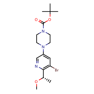 Chemical structure of tert-Butyl (S)-4-(5-bromo-6-(1-methoxyethyl)pyridin-3-yl)piperazine-1-carboxylate , CAS 2641824-76-0, AChemBlock AD290698