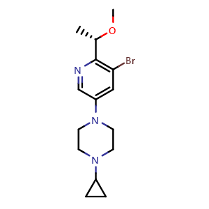 Chemical structure of (S)-1-(5-bromo-6-(1-methoxyethyl)pyridin-3-yl)-4-cyclopropylpiperazine , CAS 3082790-96-0, AChemBlock AD290700