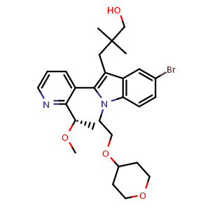 Chemical structure of (S)-3-(5-bromo-2-(2-(1-methoxyethyl)pyridin-3-yl)-1-(2-((tetrahydro-2H-pyran-4-yl)oxy)ethyl)-1H-indol-3-yl)-2,2-dimethylpropan-1-ol , CAS 2764998-91-4, AChemBlock AD290701