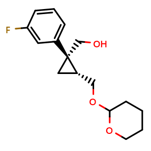 Chemical structure of [(1S,2R)-1-(3-fluorophenyl)-2-[(3,4,5,6-tetrahydro-2H-pyran-2-yloxy)methyl]cyclopropyl]methanol , AChemBlock AD290714