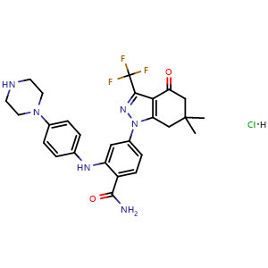 Chemical structure of 4-(6,6-Dimethyl-4-oxo-3-(trifluoromethyl)-4,5,6,7-tetrahydro-1H-indazol-1-yl)-2-((4-(piperazin-1-yl)phenyl)amino)benzamidehydrochloride , AChemBlock AD290715