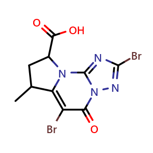 Chemical structure of 2,6-Dibromo-7-methyl-5-oxo-8,9-dihydro-7H-[1,2,4]triazolo[1,5-a]pyrrolo[1,2-c]pyrimidine-9-carboxylic acid , AChemBlock AD290718