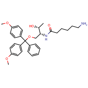 Chemical structure of 6-Amino-N-[(2R,3R)-1-({[bis(4-methoxyphenyl)]phenylmethyl}oxy)-3-hydroxybut-2-yl]hexanamide , AChemBlock AD290719