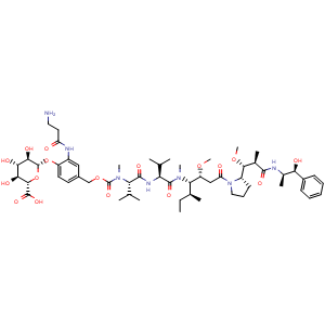 Chemical structure of (2S,3S,4S,5R,6S)-6-[2-(3-Aminopropanamido)-4-[(5S,8S,11S,12R)-11-[(S)-sec-butyl]-12-[2-[(S)-2-[(1R,2R)-3-[[(1S,2R)-1-hydroxy-1-phenylpropan-2-yl]amino]-1-methoxy-2-methyl-3-oxopropyl]pyrrolidin-1-yl]-2-oxoethyl]-5,8-diisopropyl-4,10-dimethyl-3,6,9-tr.. , AChemBlock AD290747