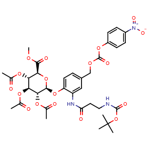 Chemical structure of (2S,3R,4S,5S,6S)-2-[2-[3-(Boc-amino)propanamido]-4-[[[(4-nitrophenoxy)carbonyl]oxy]methyl]phenoxy]-6-(methoxycarbonyl)tetrahydro-2H-pyran-3,4,5-triyl triacetate , AChemBlock AD290748