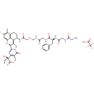 Chemical structure of (S)-2-[2-(2-Aminoacetamido)acetamido]-N-[2-[[[2-[[(1S,9S)-9-ethyl-5-fluoro-9-hydroxy-4-methyl-10,13-dioxo-1,2,3,9,10,12,13,15-octahydrobenzo[de]pyrano[3’,4’:6,7]indolizino[1,2-b]quinolin-1-yl]amino]-2-oxoethoxy]methyl]amino]-2-oxoethyl]-3-phenylp.. , AChemBlock AD290795