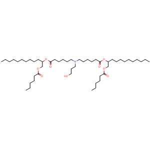 Chemical structure of Bis[1-(hexanoyloxy)dodecan-2-yl] 6,6’-[(3-Hydroxypropyl)azanediyl]dihexanoate , AChemBlock AD290805