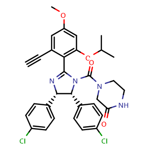 Chemical structure of 4-[(4S,5R)-4,5-Bis(4-chlorophenyl)-2-(2-ethynyl-6-isopropoxy-4-methoxyphenyl)-4,5-dihydro-1H-imidazole-1-carbonyl]piperazin-2-one , AChemBlock AD290811