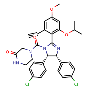 Chemical structure of 4-[cis-4,5-Bis(4-chlorophenyl)-2-(2-ethynyl-6-isopropoxy-4-methoxyphenyl)-4,5-dihydro-1H-imidazole-1-carbonyl]piperazin-2-one , AChemBlock AD290814