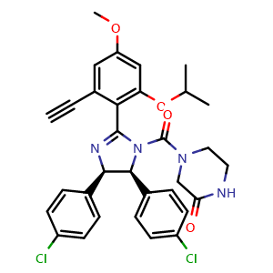 Chemical structure of 4-[(4R,5S)-4,5-Bis(4-chlorophenyl)-2-(2-ethynyl-6-isopropoxy-4-methoxyphenyl)-4,5-dihydro-1H-imidazole-1-carbonyl]piperazin-2-one , AChemBlock AD290815