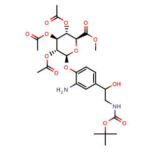 Chemical structure of (2S,3R,4S,5S,6S)-2-[2-Amino-4-[2-(Boc-amino)-1-hydroxyethyl]phenoxy]-6-(methoxycarbonyl)tetrahydro-2H-pyran-3,4,5-triyl triacetate , AChemBlock AD290818